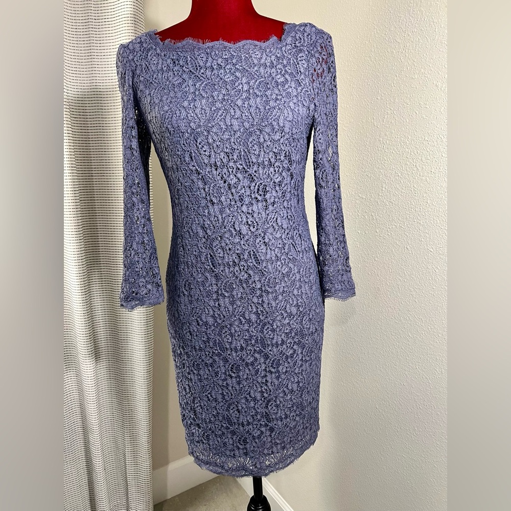 Adrianna Papell Sheath Embroiled Lace Smoky Blue Women Dress Size 4